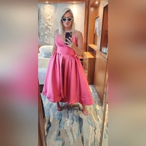 Hutch Pink Sabrina v-neck, high-low pleated gown